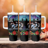 Personalized Not Now Arctic Puffin Tumbler With Handle Icelandic Christmas with Northern Lights - Wonder Print Shop