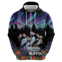 Personalized Not Now Arctic Puffin Zip Hoodie Icelandic Christmas with Northern Lights - Wonder Print Shop