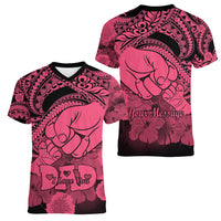 Personalised Polynesian Pride Happy Father Day Women V Neck T Shirt I Love You Dad - Polynesian Tribal Pink - Wonder Print Shop