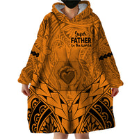 Personalised Polynesian Father's Day Gift For Dad Wearable Blanket Hoodie Super Father In The World - Gold Polynesian Pattern - Wonder Print Shop