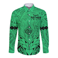 Polynesian Father's Day Gift For Dad Long Sleeve Button Shirt Super Father In The World - Green Polynesian Pattern - Wonder Print Shop