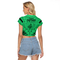Polynesian Father's Day Gift For Dad Raglan Cropped T Shirt Super Father In The World - Green Polynesian Pattern - Wonder Print Shop