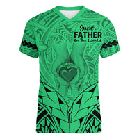 Personalised Polynesian Father's Day Gift For Dad Women V Neck T Shirt Super Father In The World - Green Polynesian Pattern - Wonder Print Shop