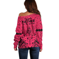 Polynesian Father's Day Gift For Dad Off Shoulder Sweater Super Father In The World - Pink Polynesian Pattern - Wonder Print Shop