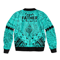 Polynesian Father's Day Gift For Dad Sleeve Zip Bomber Jacket Super Father In The World - Turquoise Polynesian Pattern - Wonder Print Shop