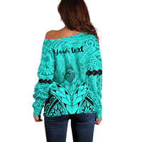 Personalised Polynesian Father's Day Gift For Dad Off Shoulder Sweater Super Father In The World - Turquoise Polynesian Pattern - Wonder Print Shop
