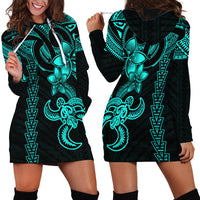 Hawaiian Tribal Hoodie Dress Polynesian Kakau Turtle - Aqua - Wonder Print Shop