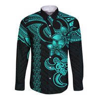Hawaiian Tribal Long Sleeve Button Shirt Polynesian Kakau Turtle - Aqua - Wonder Print Shop