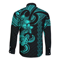Hawaiian Tribal Long Sleeve Button Shirt Polynesian Kakau Turtle - Aqua - Wonder Print Shop