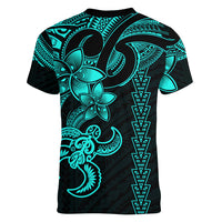 Hawaiian Tribal Women V Neck T Shirt Polynesian Kakau Turtle - Aqua - Wonder Print Shop