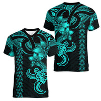 Hawaiian Tribal Women V Neck T Shirt Polynesian Kakau Turtle - Aqua - Wonder Print Shop