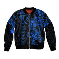Hawaiian Tribal Sleeve Zip Bomber Jacket Polynesian Kakau Turtle - Blue - Wonder Print Shop
