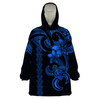 Hawaiian Tribal Wearable Blanket Hoodie Polynesian Kakau Turtle - Blue - Wonder Print Shop