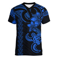 Hawaiian Tribal Women V Neck T Shirt Polynesian Kakau Turtle - Blue - Wonder Print Shop