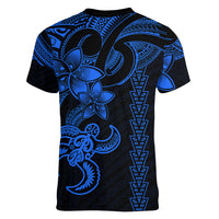 Hawaiian Tribal Women V Neck T Shirt Polynesian Kakau Turtle - Blue - Wonder Print Shop