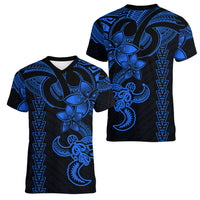 Hawaiian Tribal Women V Neck T Shirt Polynesian Kakau Turtle - Blue - Wonder Print Shop