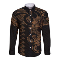 Hawaiian Tribal Long Sleeve Button Shirt Polynesian Kakau Turtle - Gold - Wonder Print Shop