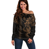 Hawaiian Tribal Off Shoulder Sweater Polynesian Kakau Turtle - Gold - Wonder Print Shop