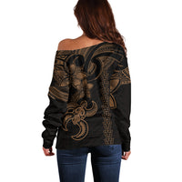 Hawaiian Tribal Off Shoulder Sweater Polynesian Kakau Turtle - Gold - Wonder Print Shop