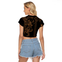 Hawaiian Tribal Raglan Cropped T Shirt Polynesian Kakau Turtle - Gold - Wonder Print Shop