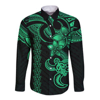 Hawaiian Tribal Long Sleeve Button Shirt Polynesian Kakau Turtle - Green - Wonder Print Shop