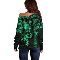 Hawaiian Tribal Off Shoulder Sweater Polynesian Kakau Turtle - Green - Wonder Print Shop