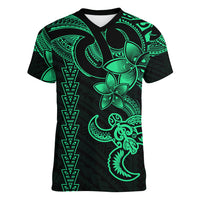 Hawaiian Tribal Women V Neck T Shirt Polynesian Kakau Turtle - Green - Wonder Print Shop