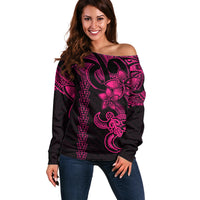Hawaiian Tribal Off Shoulder Sweater Polynesian Kakau Turtle - Pink - Wonder Print Shop
