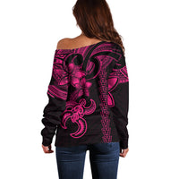 Hawaiian Tribal Off Shoulder Sweater Polynesian Kakau Turtle - Pink - Wonder Print Shop