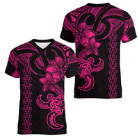 Hawaiian Tribal Women V Neck T Shirt Polynesian Kakau Turtle - Pink - Wonder Print Shop