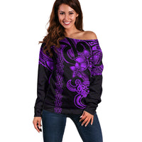 Hawaiian Tribal Off Shoulder Sweater Polynesian Kakau Turtle - Purple - Wonder Print Shop