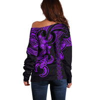 Hawaiian Tribal Off Shoulder Sweater Polynesian Kakau Turtle - Purple - Wonder Print Shop