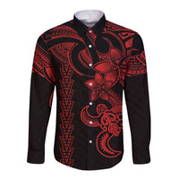 Hawaiian Tribal Long Sleeve Button Shirt Polynesian Kakau Turtle - Red - Wonder Print Shop