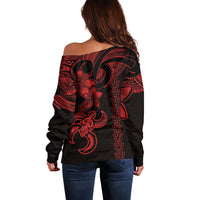 Hawaiian Tribal Off Shoulder Sweater Polynesian Kakau Turtle - Red - Wonder Print Shop