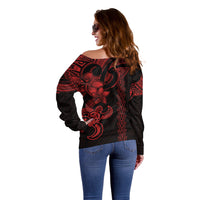Hawaiian Tribal Off Shoulder Sweater Polynesian Kakau Turtle - Red - Wonder Print Shop