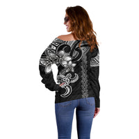 Hawaiian Tribal Off Shoulder Sweater Polynesian Kakau Turtle - White - Wonder Print Shop