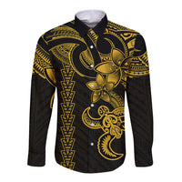 Hawaiian Tribal Long Sleeve Button Shirt Polynesian Kakau Turtle - Yellow - Wonder Print Shop