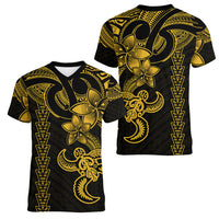 Hawaiian Tribal Women V Neck T Shirt Polynesian Kakau Turtle - Yellow - Wonder Print Shop