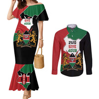 Kenya 254 Couples Matching Mermaid Dress and Long Sleeve Button Shirt Kenyan Flag Map Double Lion Shield - Wonder Print Shop