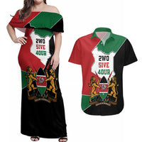 Kenya 254 Couples Matching Off Shoulder Maxi Dress and Hawaiian Shirt Kenyan Flag Map Double Lion Shield - Wonder Print Shop