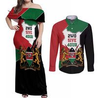 Kenya 254 Couples Matching Off Shoulder Maxi Dress and Long Sleeve Button Shirt Kenyan Flag Map Double Lion Shield - Wonder Print Shop