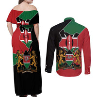 Kenya 254 Couples Matching Off Shoulder Maxi Dress and Long Sleeve Button Shirt Kenyan Flag Map Double Lion Shield - Wonder Print Shop