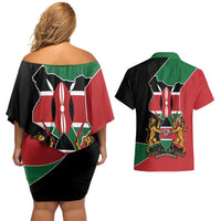 Kenya 254 Couples Matching Off Shoulder Short Dress and Hawaiian Shirt Kenyan Flag Map Double Lion Shield - Wonder Print Shop