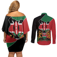 Kenya 254 Couples Matching Off Shoulder Short Dress and Long Sleeve Button Shirt Kenyan Flag Map Double Lion Shield - Wonder Print Shop