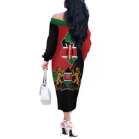 Kenya 254 Off The Shoulder Long Sleeve Dress Kenyan Flag Map Double Lion Shield - Wonder Print Shop