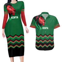 Kenya Cricket Custom Couples Matching Long Sleeve Bodycon Dress and Hawaiian Shirt Green Lion Head with Kenyan Pattern - Wonder Print Shop