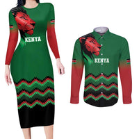 Kenya Cricket Custom Couples Matching Long Sleeve Bodycon Dress and Long Sleeve Button Shirt Green Lion Head with Kenyan Pattern - Wonder Print Shop