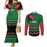 Kenya Cricket Custom Couples Matching Mermaid Dress and Long Sleeve Button Shirt Green Lion Head with Kenyan Pattern - Wonder Print Shop