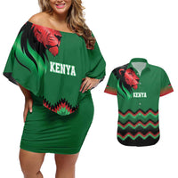 Kenya Cricket Custom Couples Matching Off Shoulder Short Dress and Hawaiian Shirt Green Lion Head with Kenyan Pattern - Wonder Print Shop