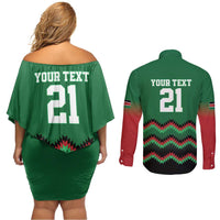 Kenya Cricket Custom Couples Matching Off Shoulder Short Dress and Long Sleeve Button Shirt Green Lion Head with Kenyan Pattern - Wonder Print Shop